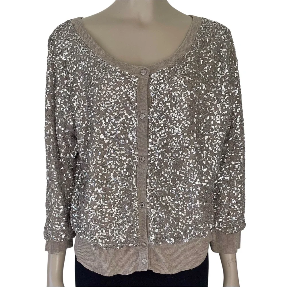 American Eagle Taupe Silver Sequin Cardigan Sweater